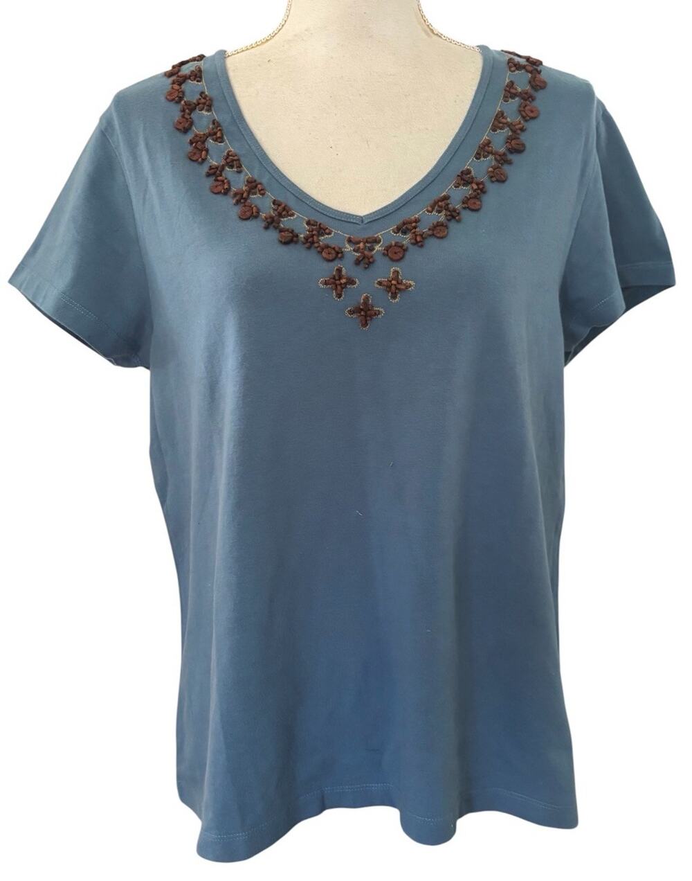 Y2K Coldwater Creek Beaded Teal Top short Sleeve size L t shirt NWT